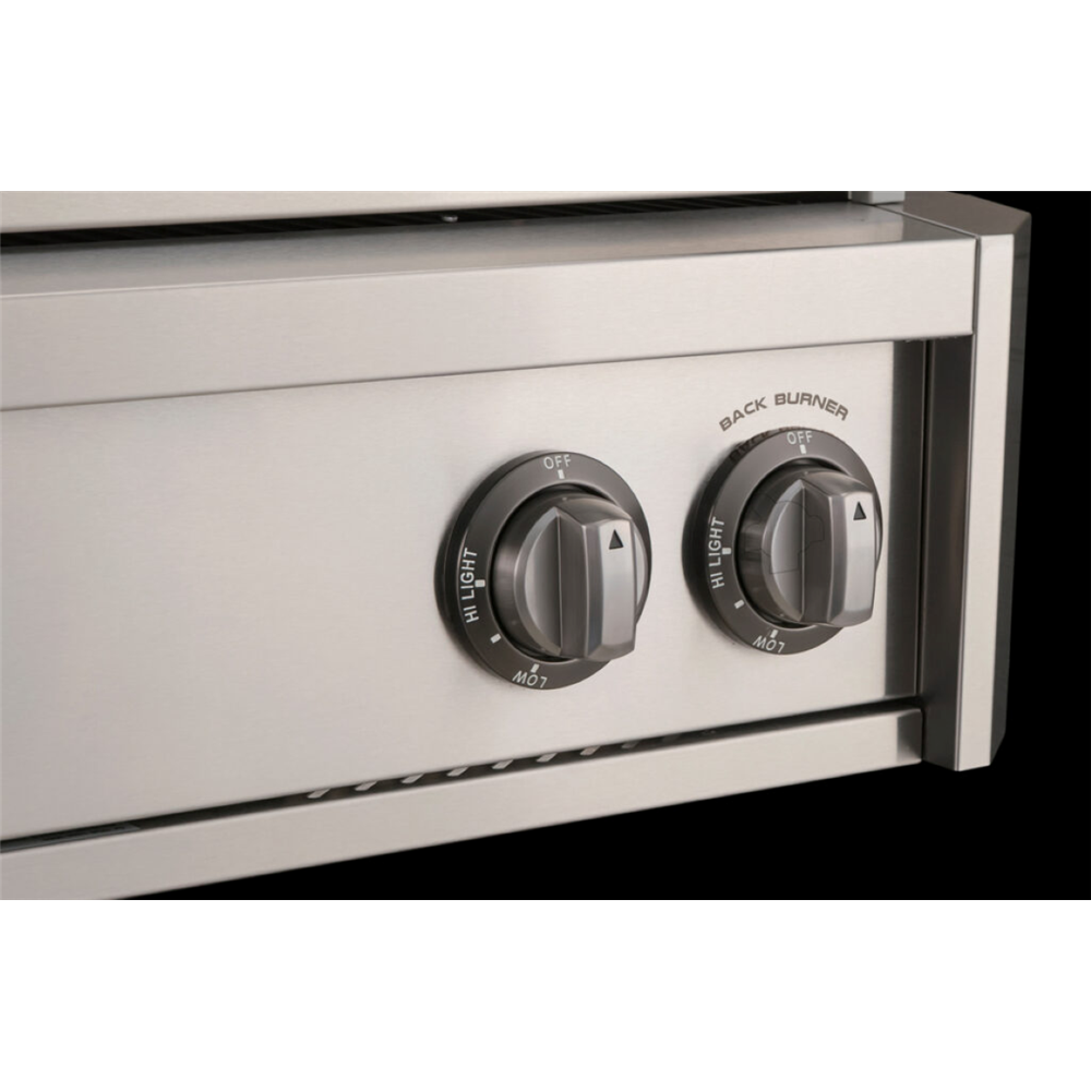 Stainless steel grill with two control knobs on a white background