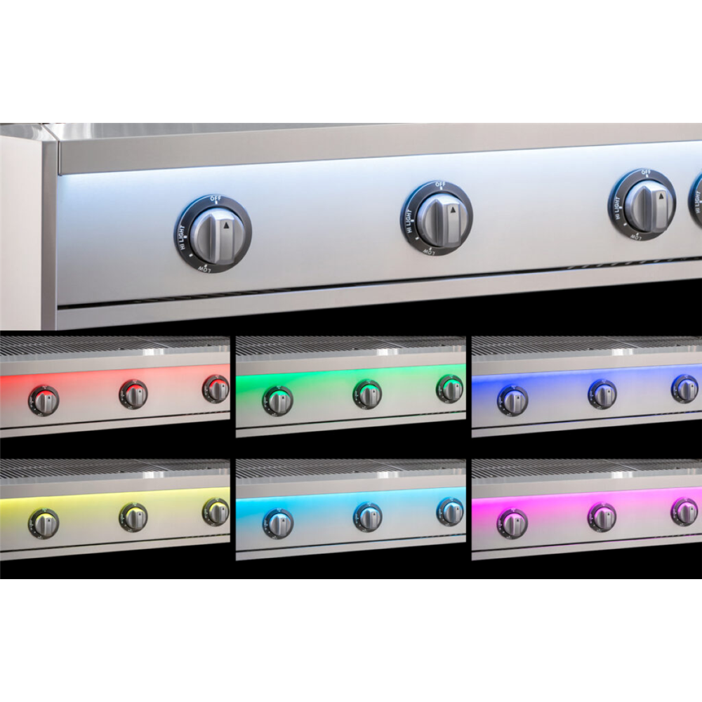 Stainless steel oven with color-changing LED lights on a white background