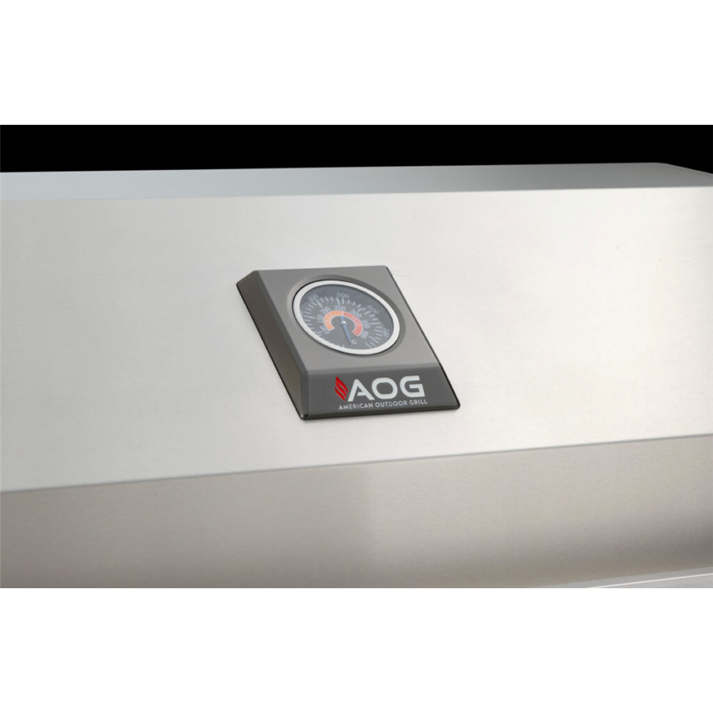 Stainless steel range hood with AOG logo on a white background