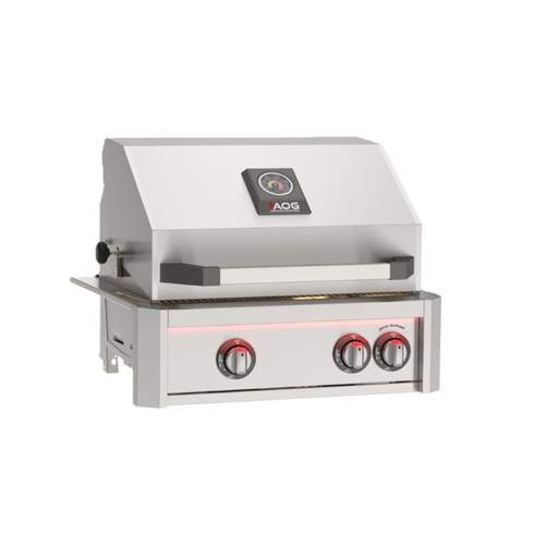 Stainless steel grill with three control knobs on a white background