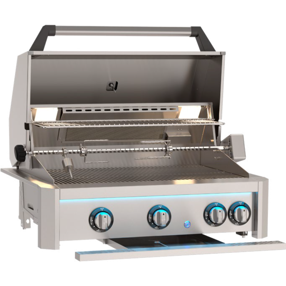 Stainless steel grill with four control knobs on a white background