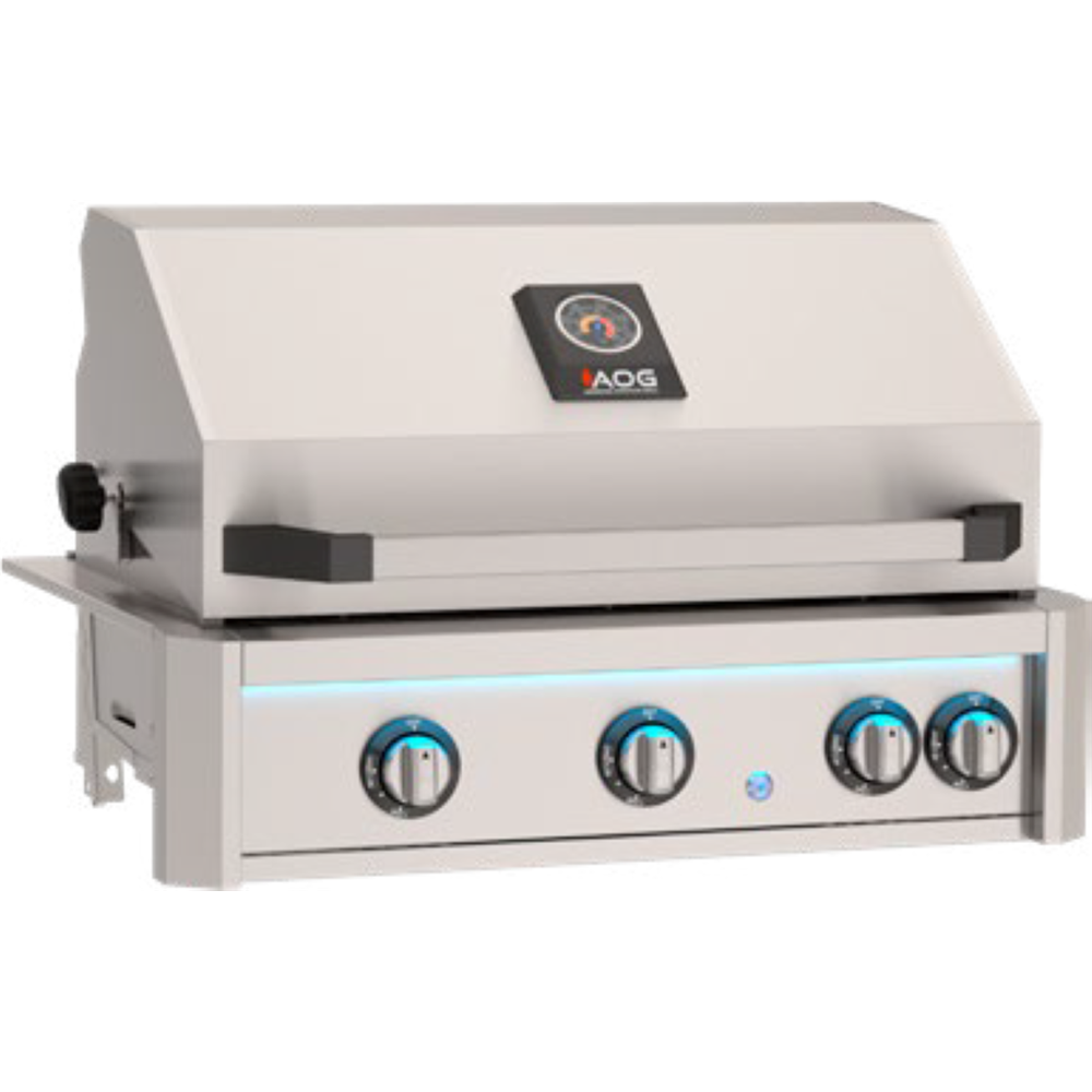 An AOG built-in gas grill with a stainless steel hood and control panel, featuring four control knobs with blue accents and a digital temperature display on the hood.