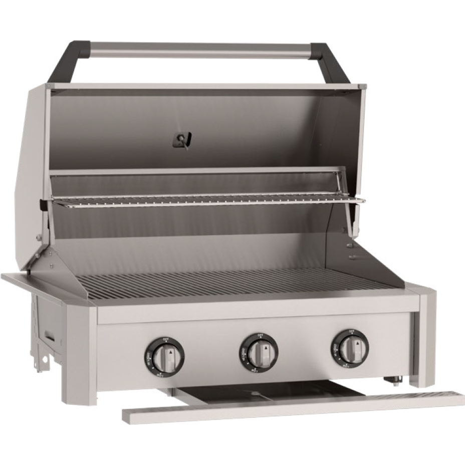 A stainless steel gas grill with an open lid, three control knobs on the front, and a lower shelf, shown on a plain white background.