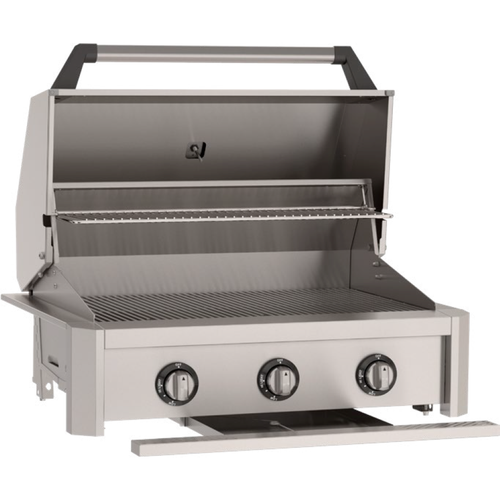 A stainless steel gas grill with an open lid, three control knobs on the front, and a lower shelf, shown on a plain white background.