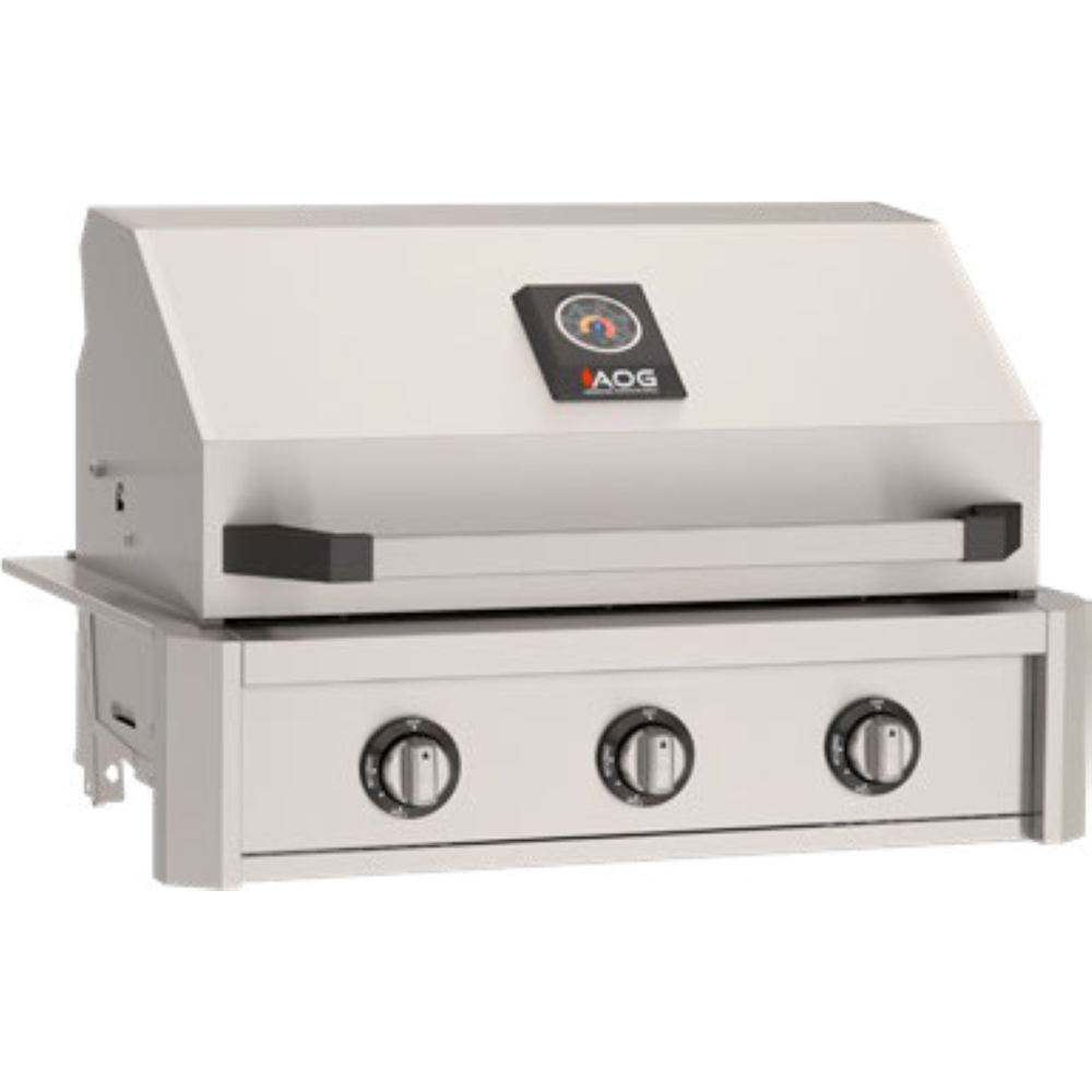 An AOG brand stainless steel outdoor gas grill with a built-in hood, three control knobs on the front, and a digital temperature display on the hood.