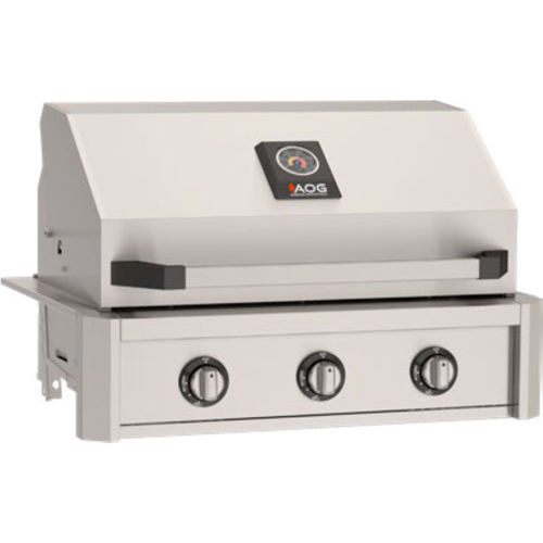 An AOG brand stainless steel outdoor gas grill with a built-in hood, three control knobs on the front, and a digital temperature display on the hood.