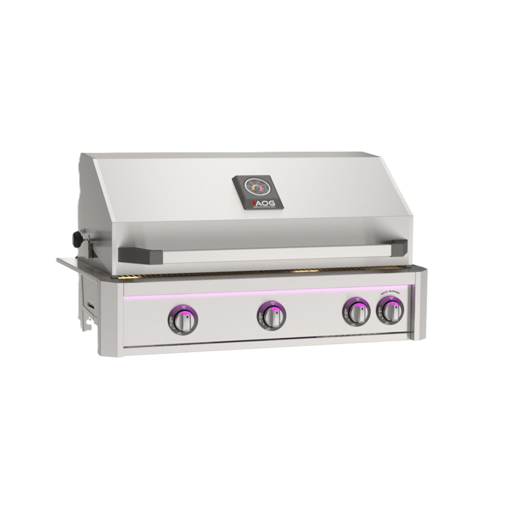 Stainless steel grill with LED lighting on a white background