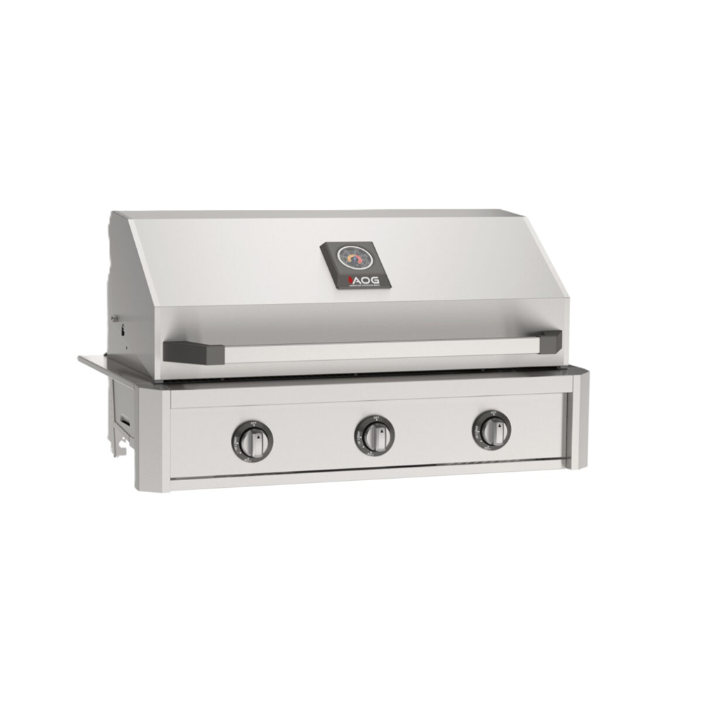 Stainless steel grill with three control knobs on a white background