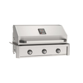 Stainless steel grill with three control knobs on a white background
