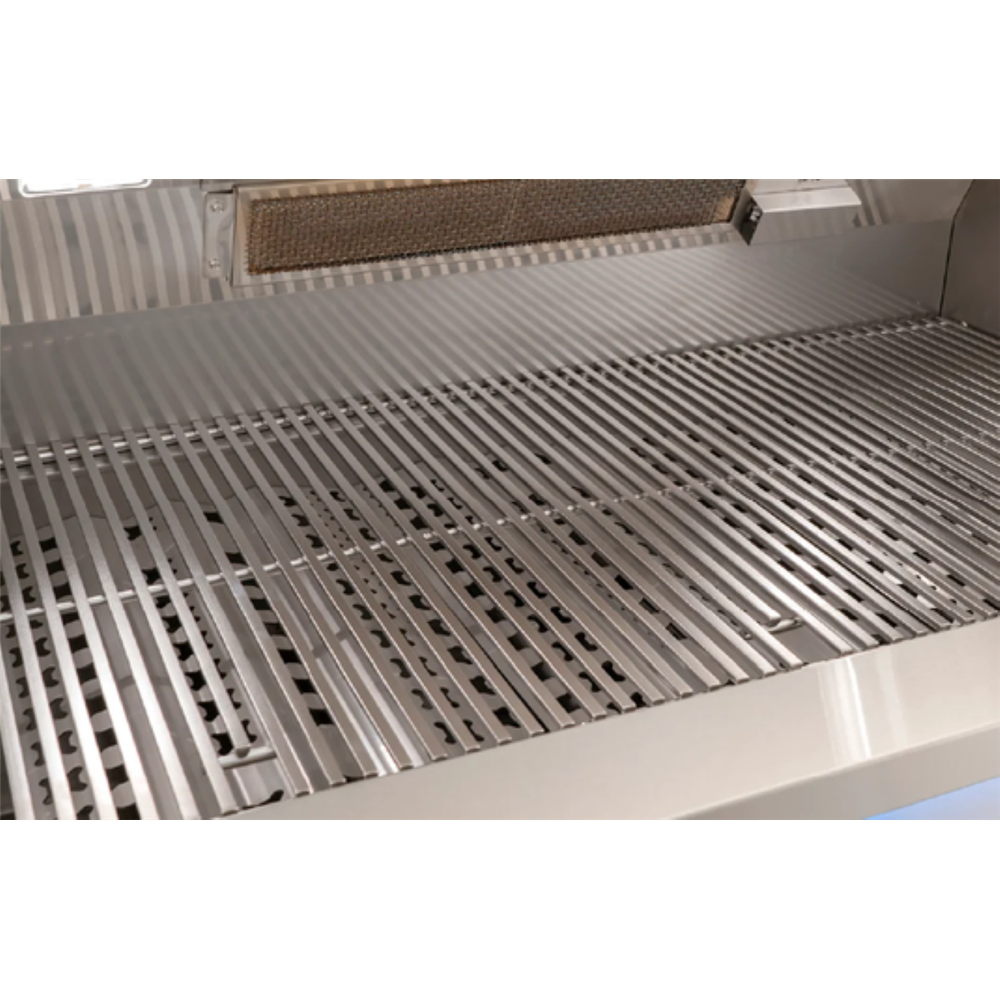 Close-up of stainless steel grill grates inside a grill, with part of the interior and a metal filter visible.