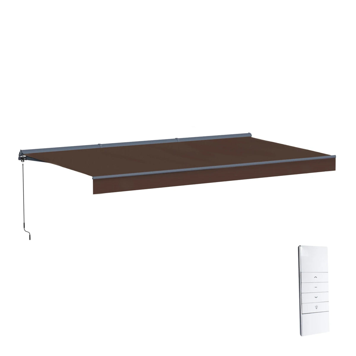 A retractable awning shown partially extended, with a dark brown canopy, silver metal frame and support hardware, plus a small white remote control on a plain white background.