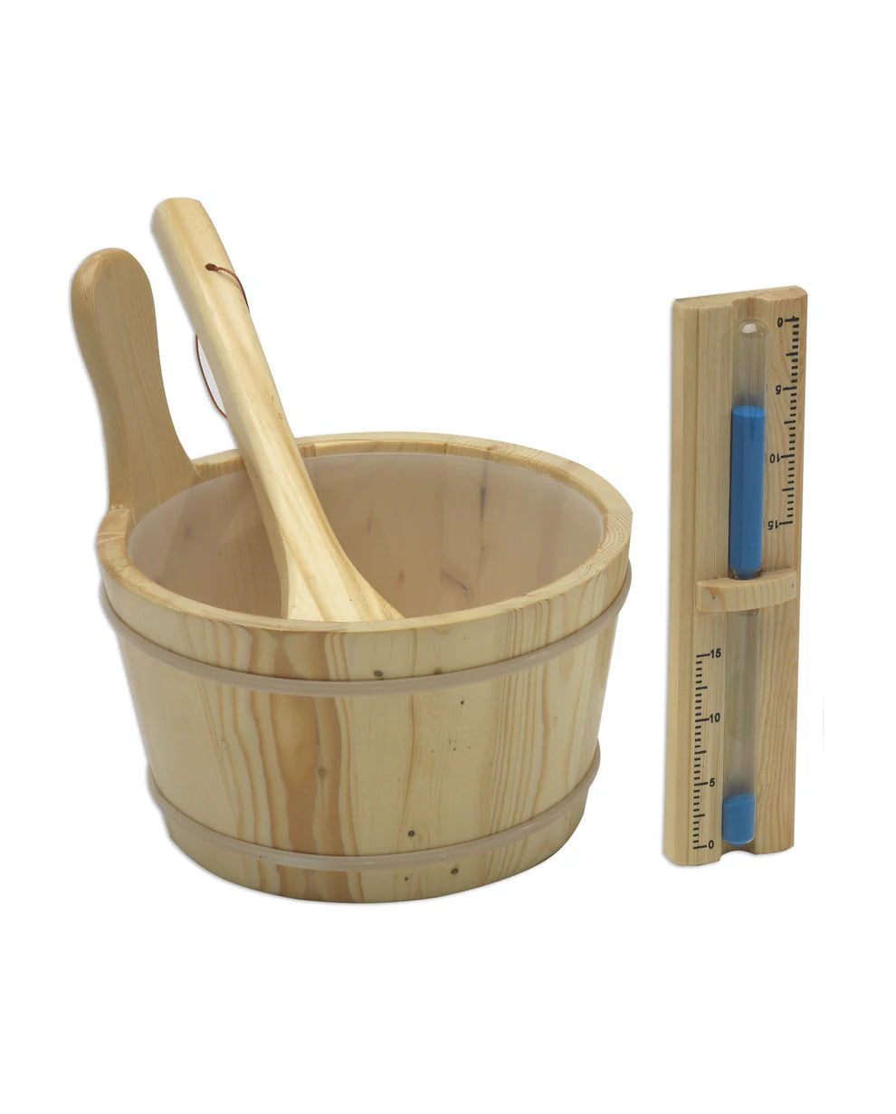 Wooden bucket with handle and thermometer on a white background