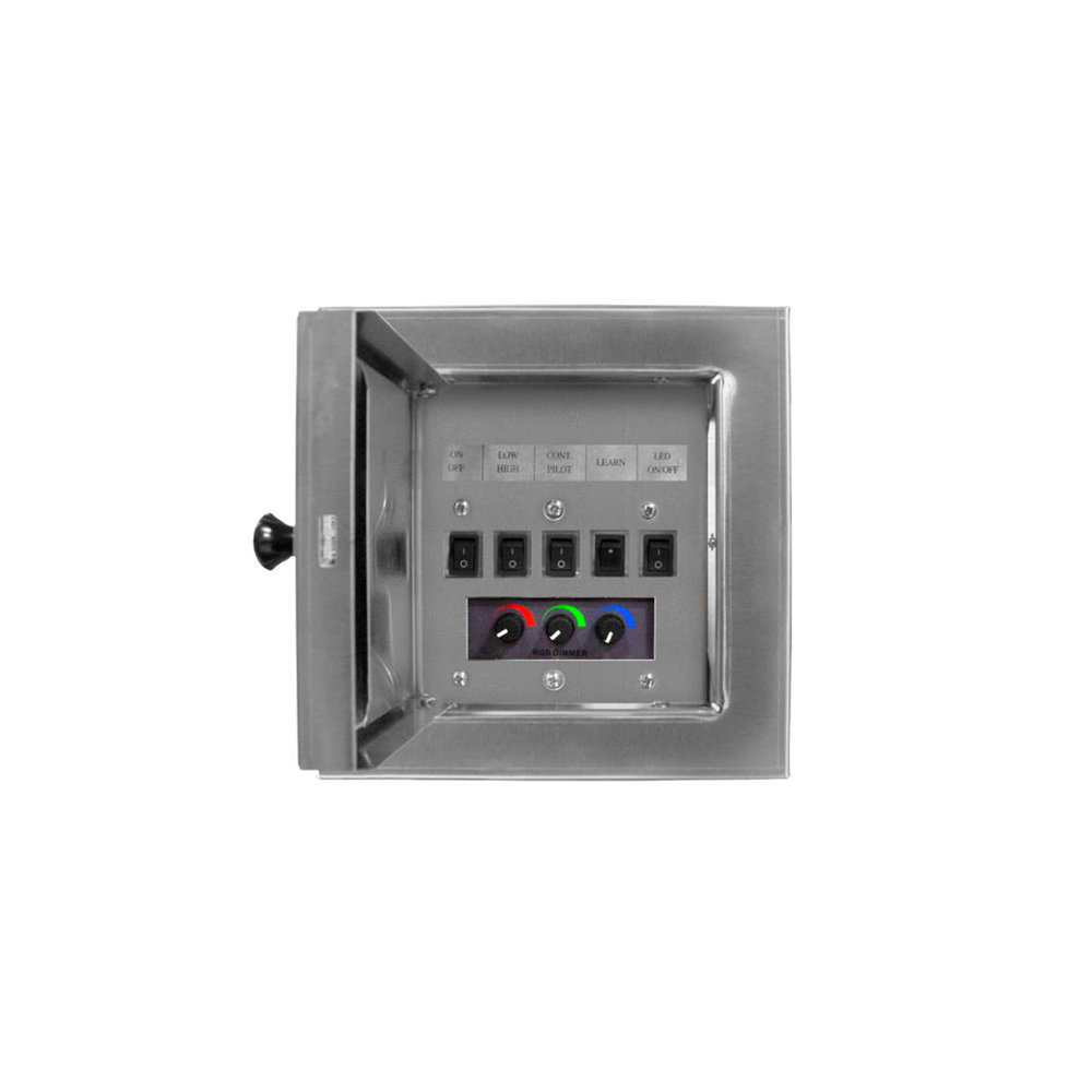 A stainless steel electrical control panel enclosure with an open door, featuring multiple black switches, small labels, and a colorful red, green, and blue indicator light panel on a white background.