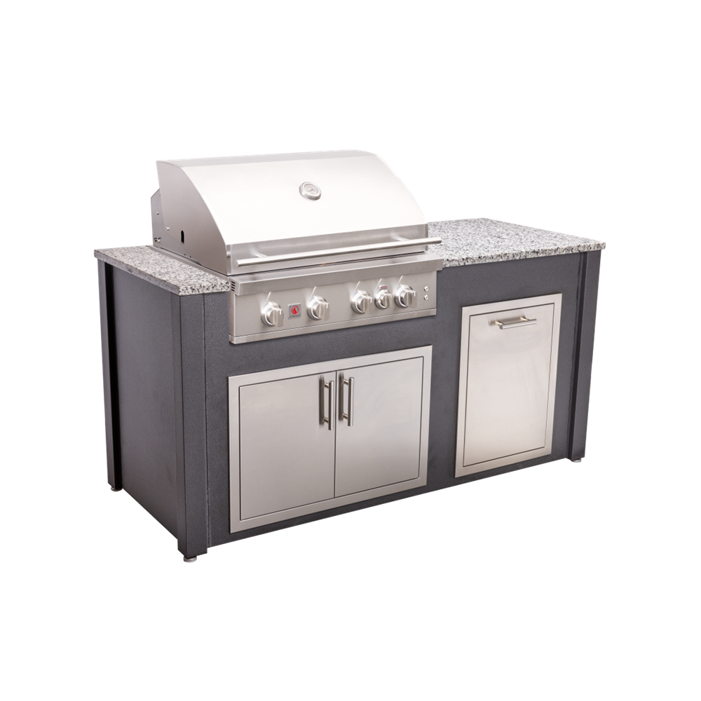 A stainless steel outdoor kitchen island set with a built-in gas grill, granite-look countertop, two lower cabinet doors, and a side storage door, shown on a plain white background.