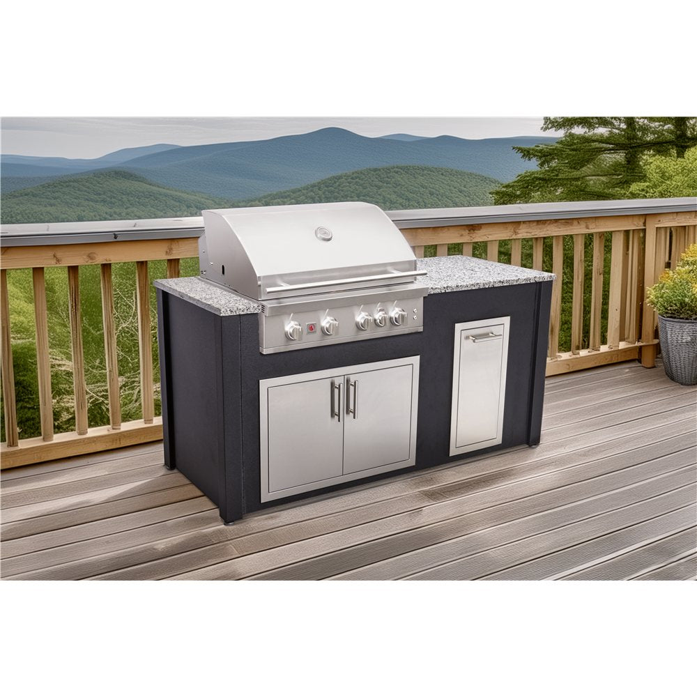 A large outdoor kitchen island set with a stainless steel gas grill, granite-look countertop, double cabinet doors, and a side storage compartment, shown on a wooden deck with a mountain landscape in the background.