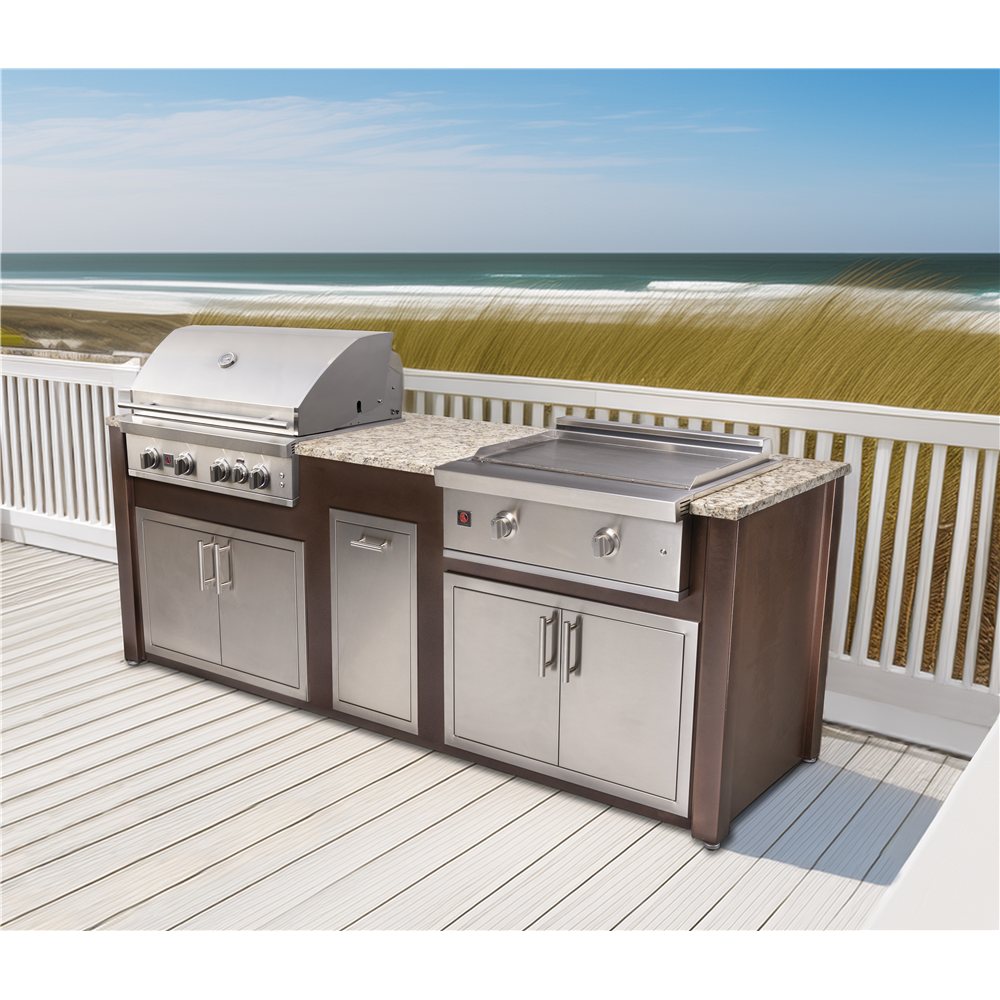 COKI CO-96 8-foot outdoor kitchen island featuring stainless steel grill and griddle stations with Copper Vein base and granite countertop, styled on an outdoor deck