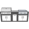 A 360-degree outdoor kitchen island kit featuring a gas grill on the left, a flat-top grill on the right, and three storage cabinets in the center and beneath the counters, shown as a clean line drawing on a white background.