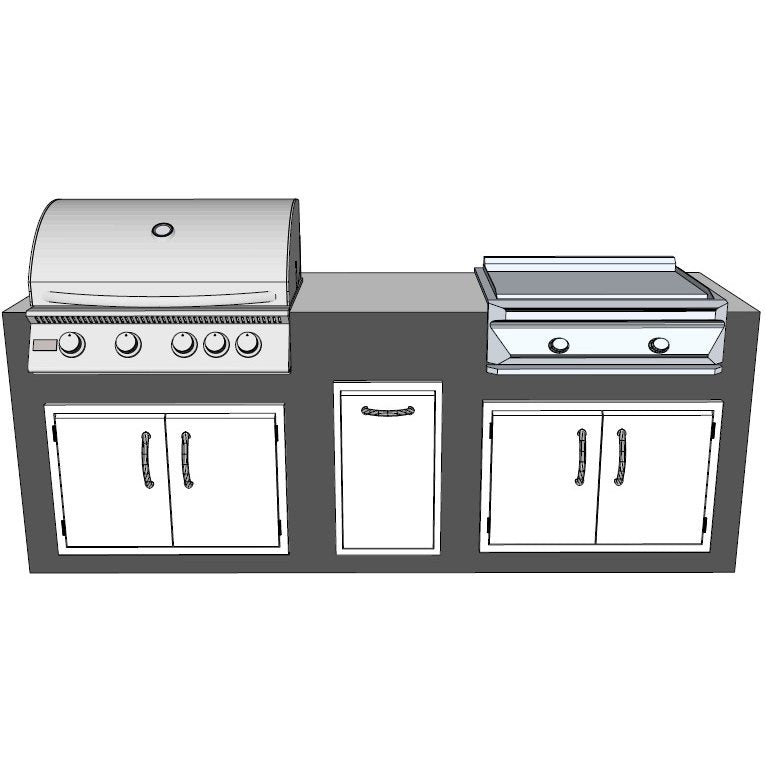 A 360-degree outdoor kitchen island kit featuring a gas grill on the left, a flat-top grill on the right, and three storage cabinets in the center and beneath the counters, shown as a clean line drawing on a white background.