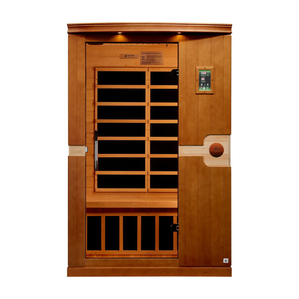 Wooden sauna with glass panels on a white background