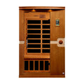 Wooden sauna with glass panels on a white background