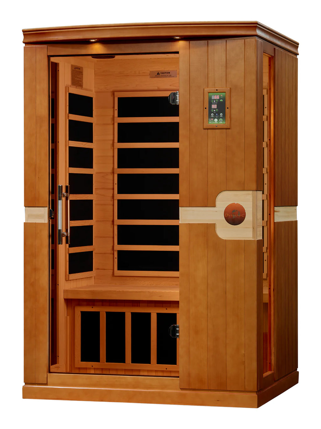 Wooden sauna with glass door on a white background