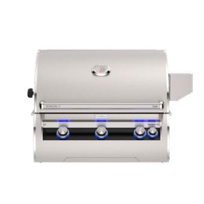 A stainless steel outdoor gas grill with a lid, four control knobs, blue flame indicators, and a side handle, shown on a plain white background.