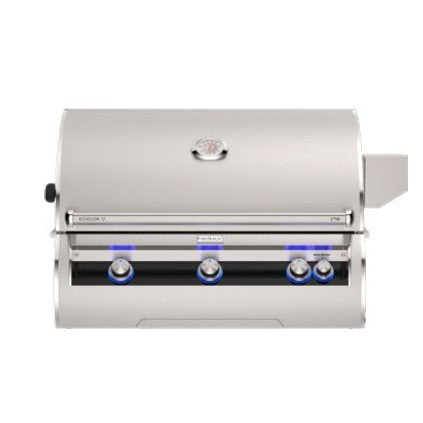 A stainless steel outdoor gas grill with a lid, three control knobs, and blue indicator lights, shown against a plain white background.