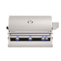 A stainless steel outdoor gas grill with a lid, three control knobs, and blue indicator lights, shown against a plain white background.