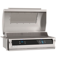 A stainless steel FireMagic outdoor gas grill with its lid open, showing the interior burner grates and a black control panel with blue digital displays on a white background.