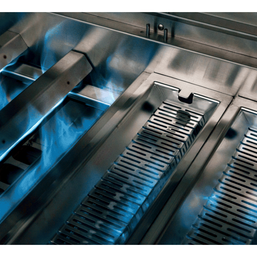 Close-up of a stainless steel gas range burner assembly with blue gas flames visible beneath the grates.