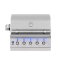 A stainless steel outdoor gas grill with a closed lid, five control knobs, blue flame effects, and a round temperature gauge on the front.