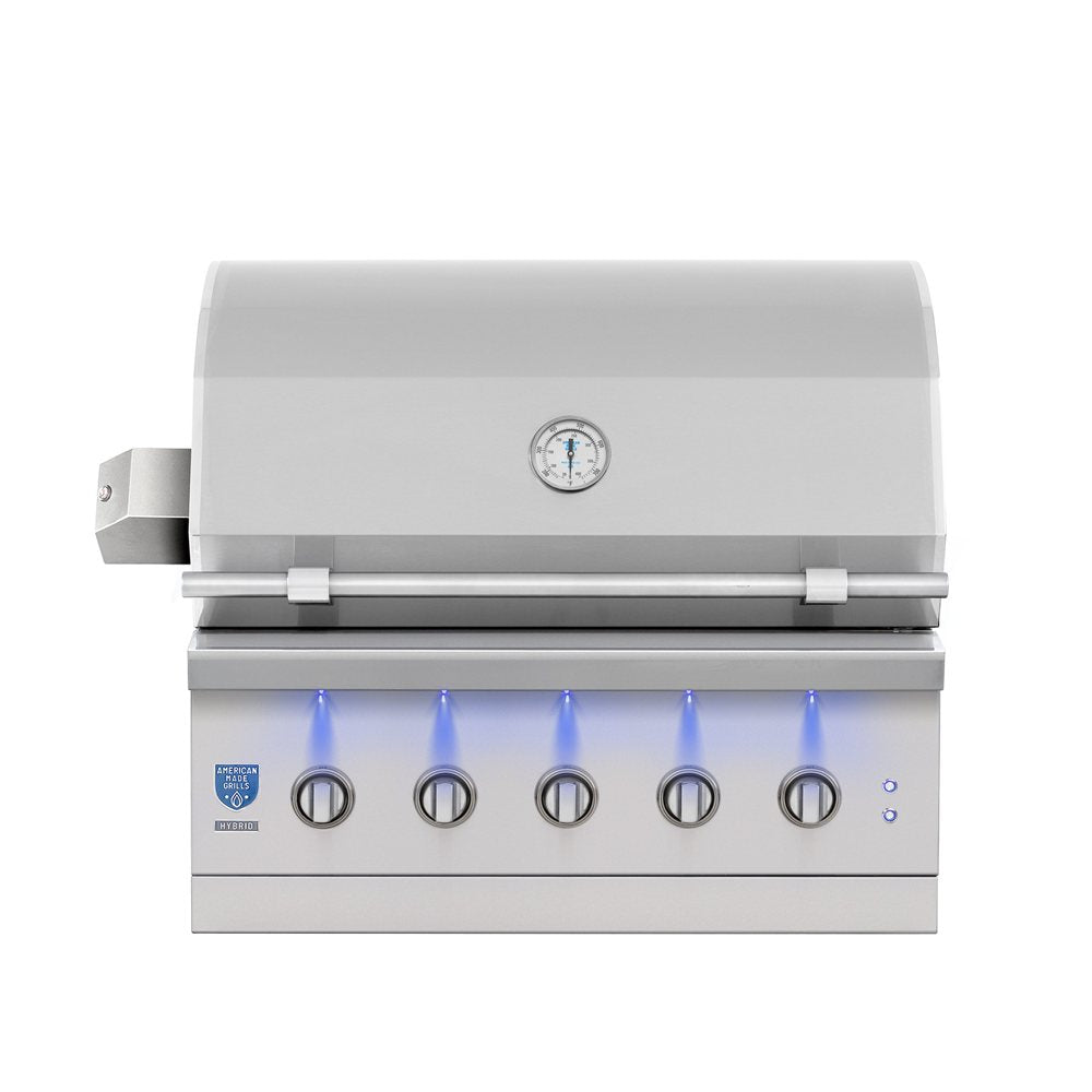 A stainless steel outdoor gas grill with a closed lid, five control knobs, blue flame effects, and a round temperature gauge on the front.