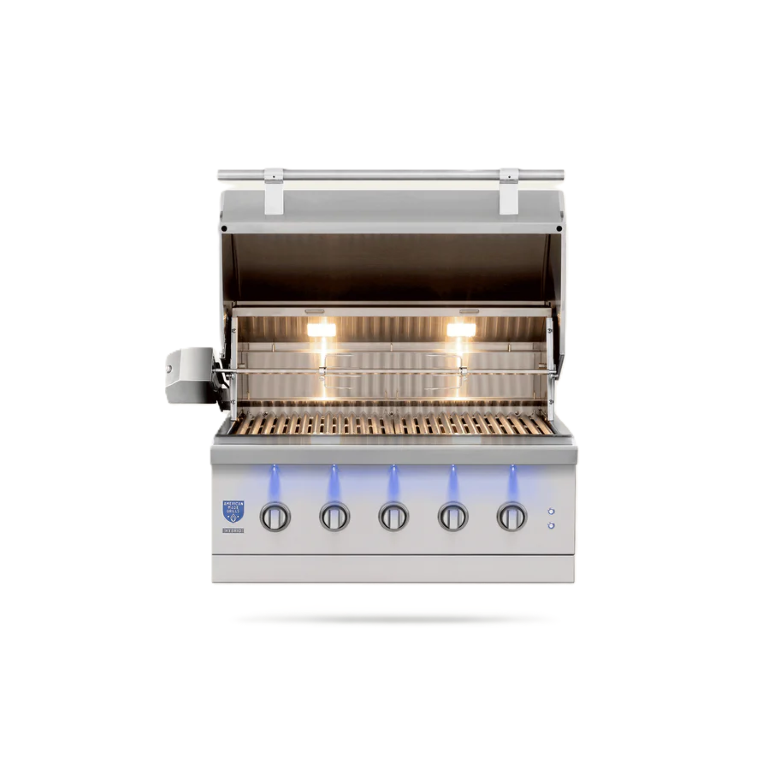 A stainless steel outdoor gas grill with its lid open, showing two interior burners lit and a lower control panel with five knobs and blue indicator lights, isolated on a white background.