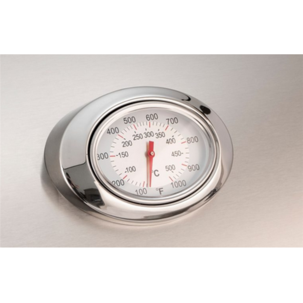 A round stainless steel kitchen thermometer with a white dial, black temperature markings in Celsius and Fahrenheit, and a red pointer needle, shown on a light gray background.