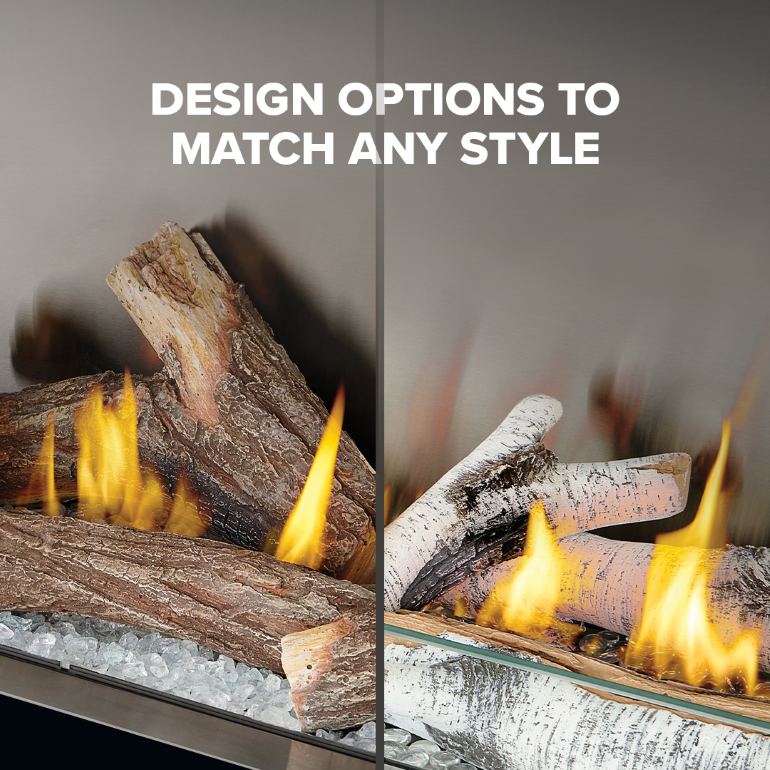 A split-screen comparison showing two styles of faux logs for a fireplace, with flames rising from both. Large white text at the top reads 'DESIGN OPTIONS TO MATCH ANY STYLE'.