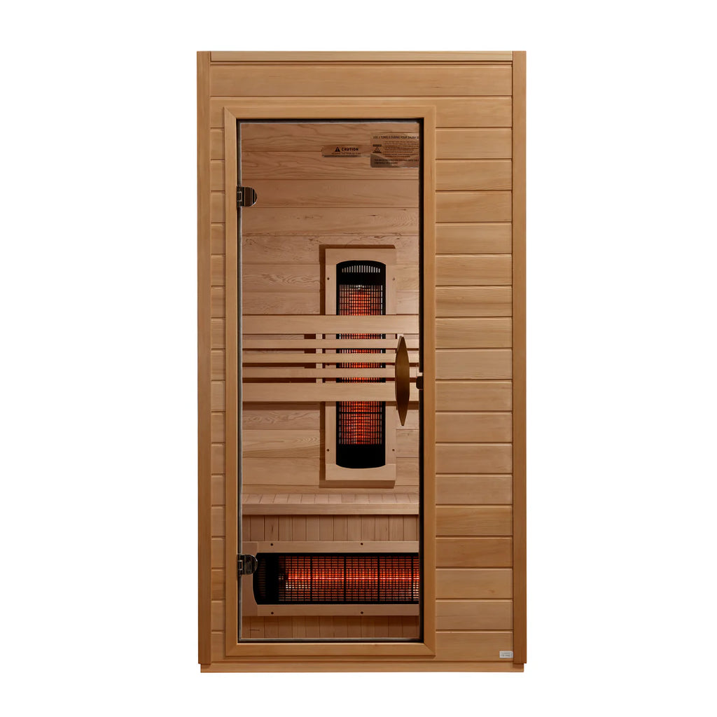 Wooden sauna with infrared heating elements on a white background