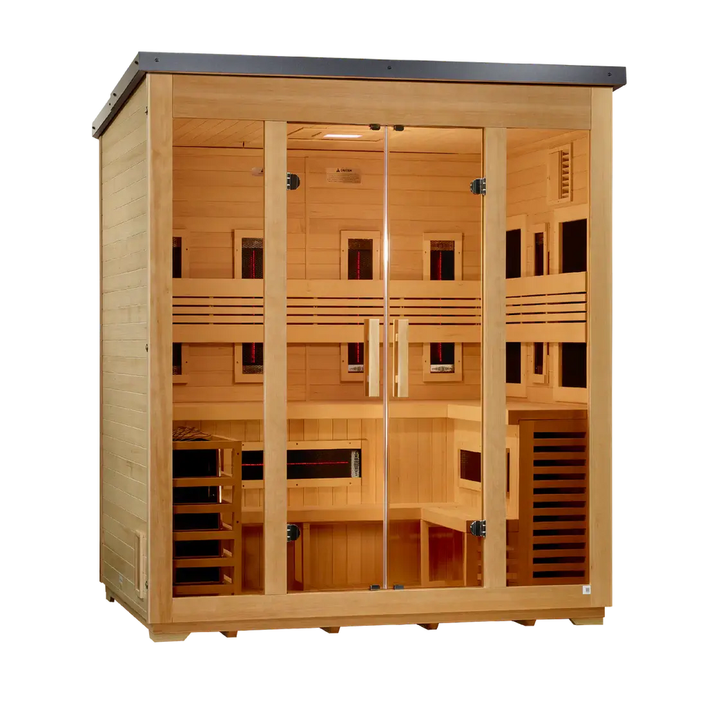 Wooden sauna with glass doors on a white background