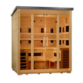 Wooden sauna with glass doors on a white background