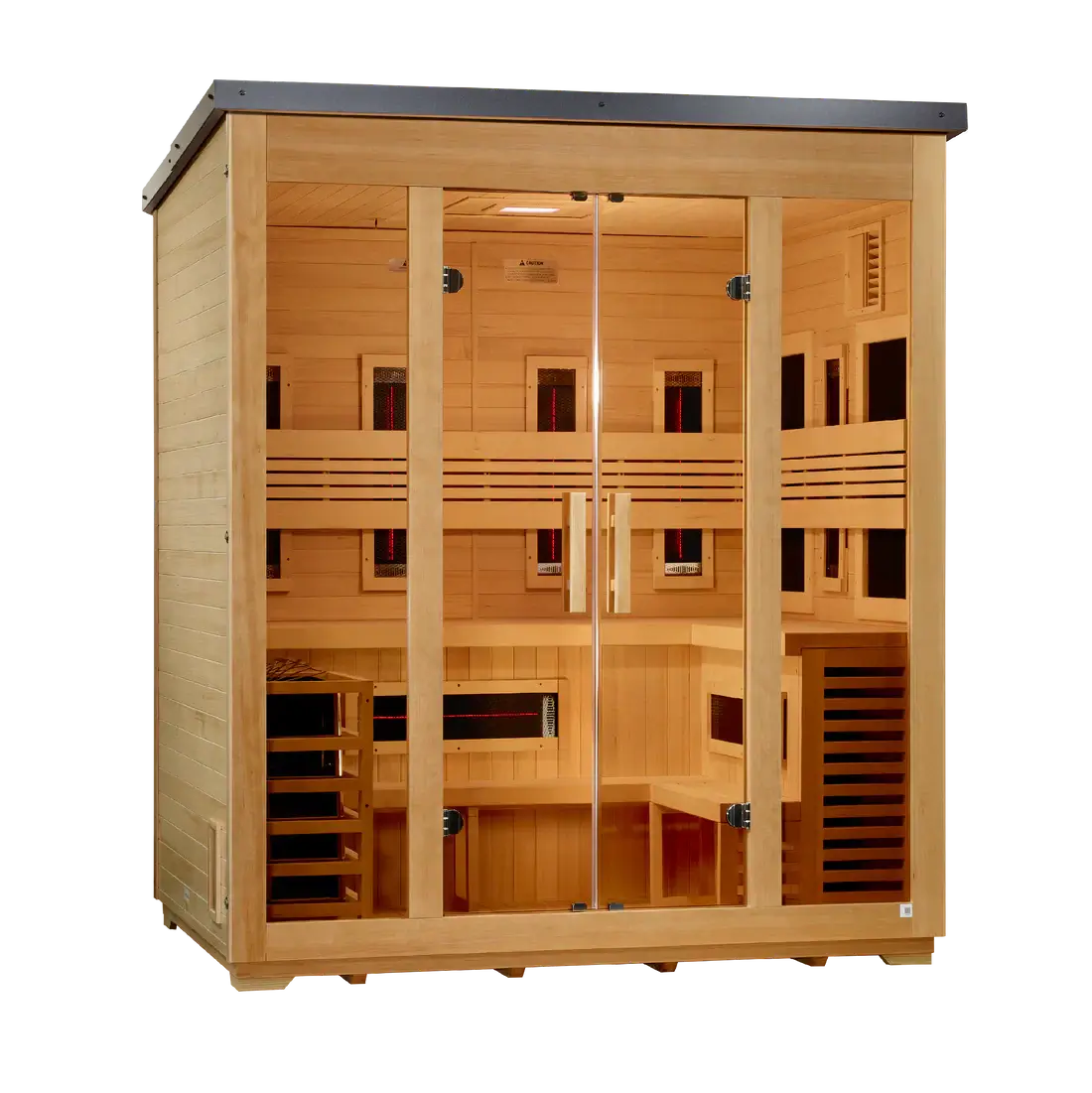Wooden sauna with glass doors on a white background