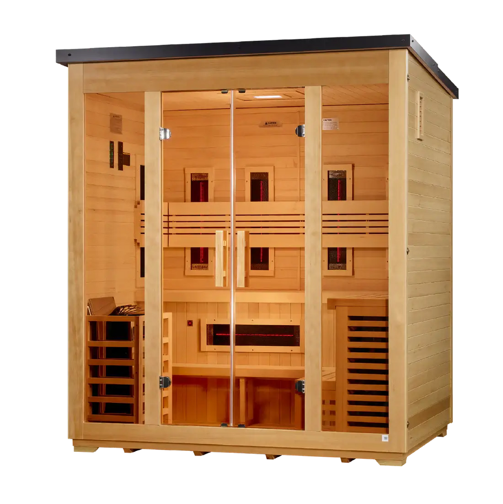 Wooden sauna with glass doors on a white background