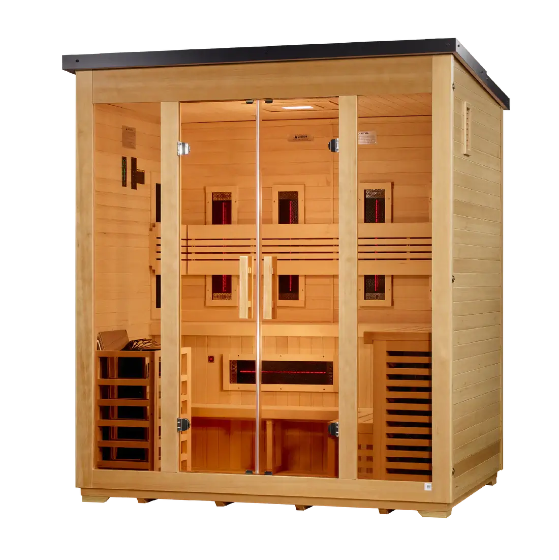 Wooden sauna with glass doors on a white background