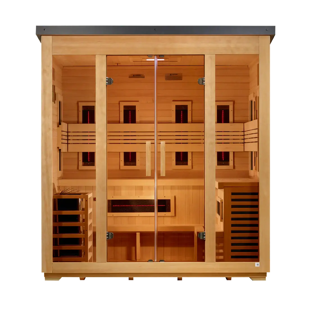 Wooden sauna with glass doors on a white background