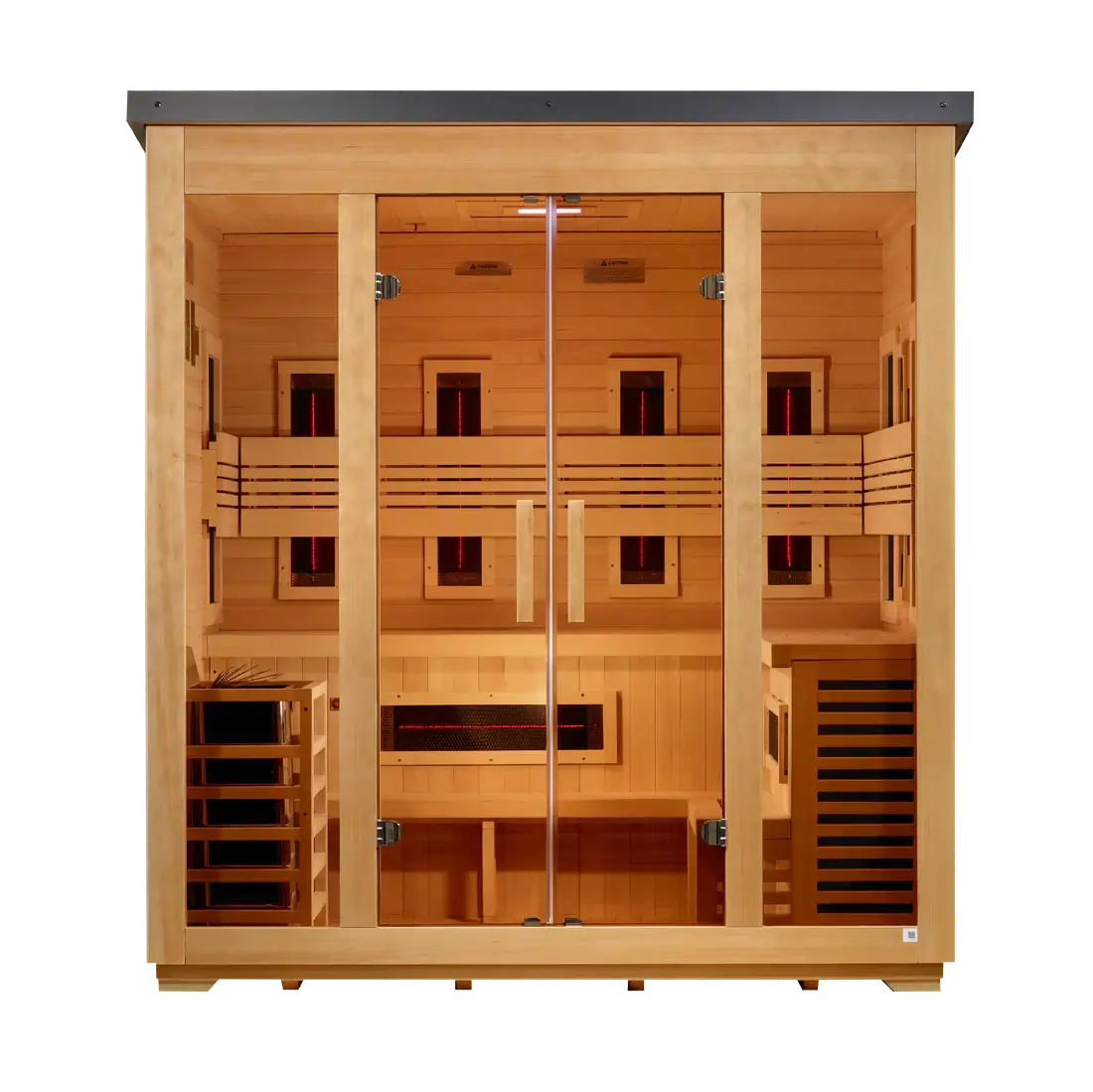 Wooden sauna with glass doors on a white background
