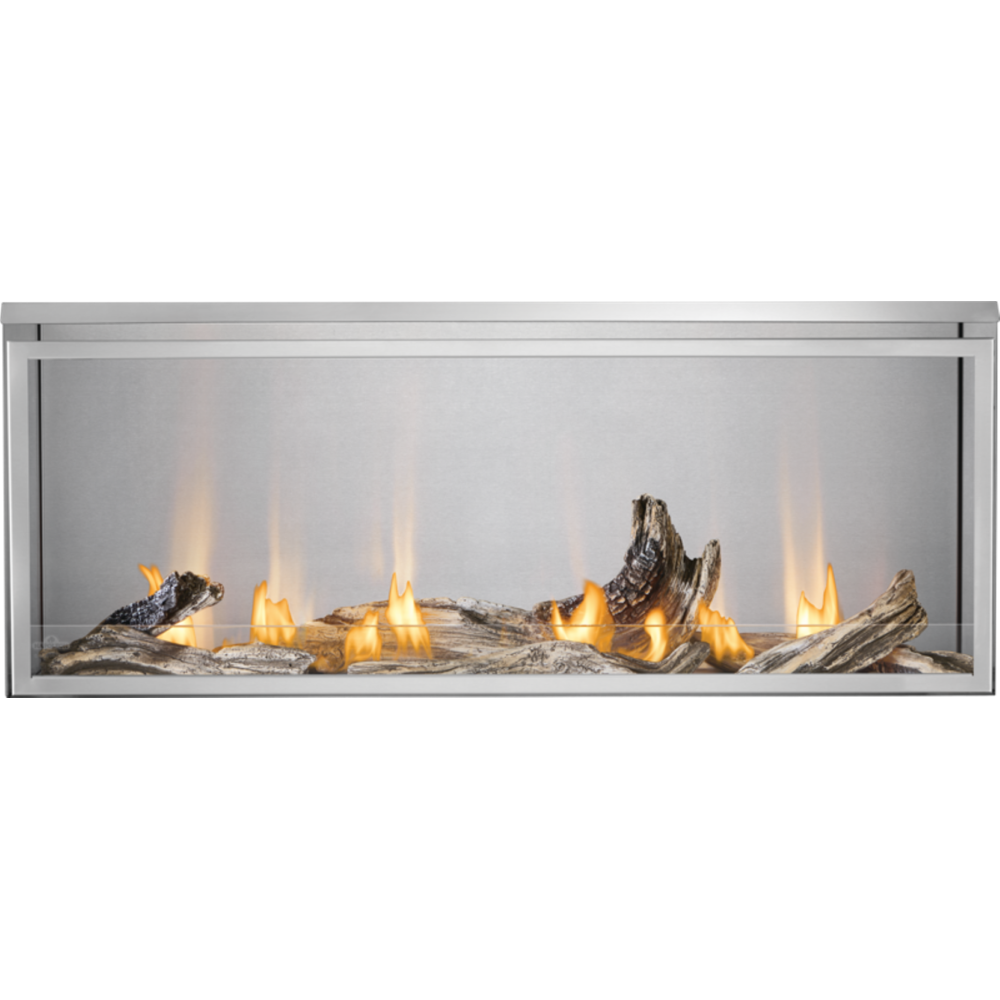 A modern linear fireplace with a silver metal frame, featuring artificial logs and glowing yellow-orange flames against a light gray background.