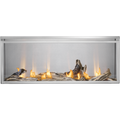 A modern linear fireplace with a silver metal frame, featuring artificial logs and glowing yellow-orange flames against a light gray background.