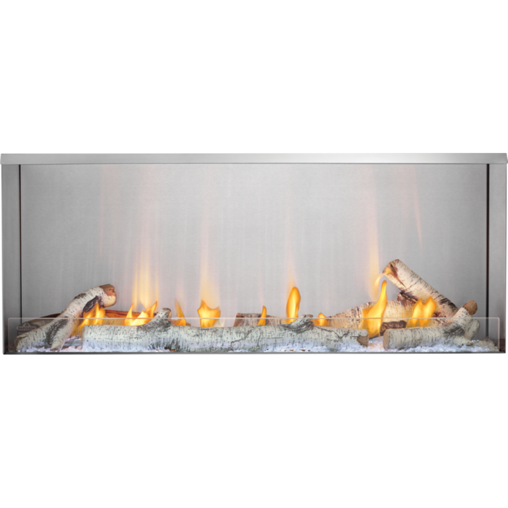 A modern linear fireplace insert with a brushed silver metal frame, featuring faux logs and glowing yellow-orange flames over a glass front.