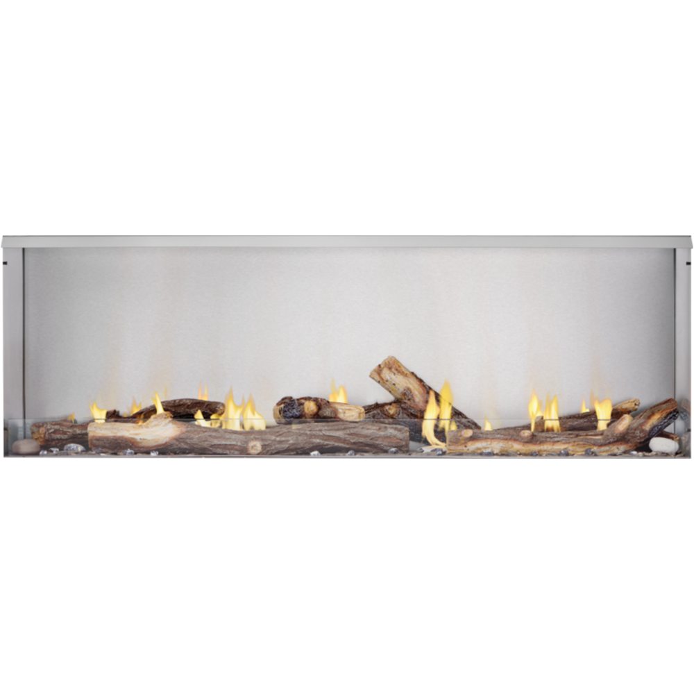 Modern fireplace with wooden logs and flames on a white background