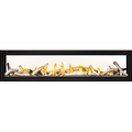 A long, narrow black fireplace with a simulated log arrangement and glowing yellow-orange flames, shown against a plain white background.