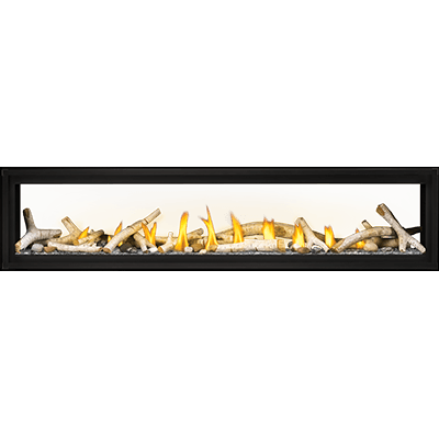 A long, narrow black fireplace with a simulated log arrangement and glowing yellow-orange flames, shown against a plain white background.