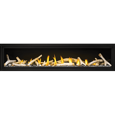 A long, narrow black fireplace or range insert with a gas flame effect, showing white faux logs and yellow-orange flames against a black interior, centered on a white background.